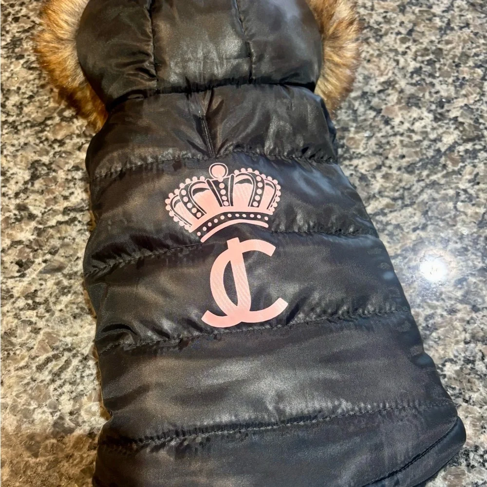 Juicy Couture Pet Black Puffer Jacket with Pink Logo.